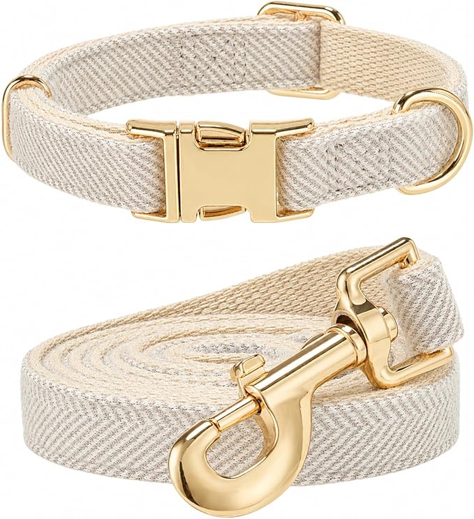 Herringbone Tweed Dog Collar and Leash Set for Small Dogs, Gray | Snag-free, no-rub design. Soft breathable cotton, gentle on fur. Adjustable durable matching combo for walks & outdoors.