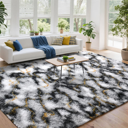 DweIke Fluffy Black White Gold Rugs for Bedroom Living Room, 4x6 Feet Soft Plush Shaggy Tie-Dyed Girls Boys Kids Rug, Upgraded Non-Slip and Machine Washable Carpet for Dorm Nursery Classroom Decor
