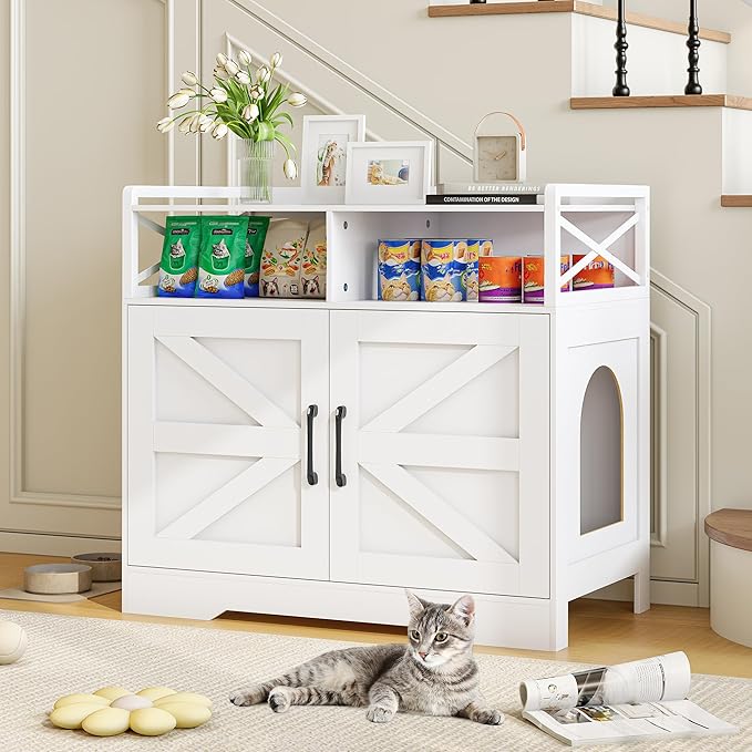 OtterOasis Cat Litter Box Enclosure, Ultra-Large Hidden Litter Box Furniture with Top Opening, Anti-Tipping Fence and 2 Open Drawers, Litter Box Cabinet End Table, White