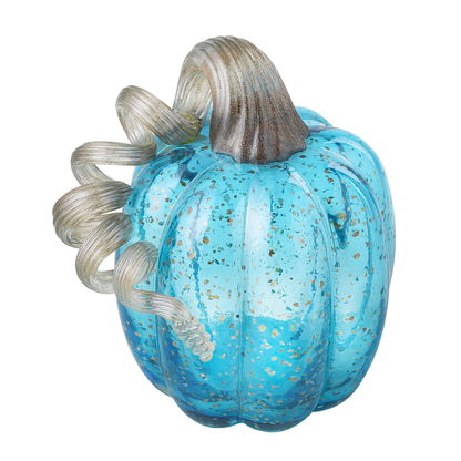 Glitzhome Decorative Hand Blown Glass Pumpkin Figurine, 6.1" H, Blue