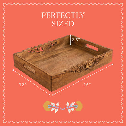 Mela Artisans 16” x 12” x 2.5” Mango Wood Serving Tray with Handles – Orchid Medium Burnt – Handcrafted Wooden Serving Board for Breakfast, Coffee & Home Décor