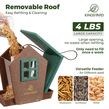 Kingsyard 4 lbs Large Bird Feeder House for Outdoors Hanging, Recycled Plastic Bird Feeder Hopper with Weatherproof Roof & Capacity Tray for Cardinal Bluebird, Garden Yard Outside Decor, Green
