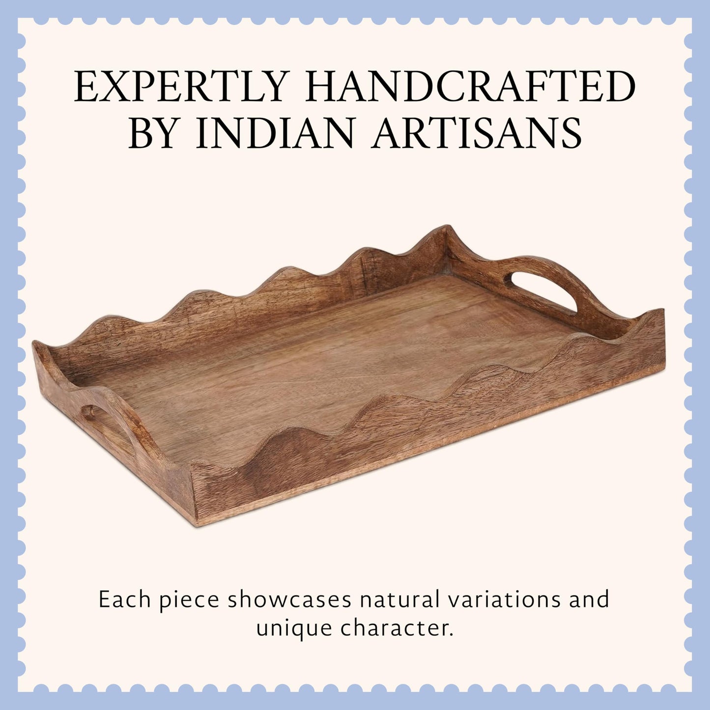 Mela Artisans 16” x 12” x 2.5” Mango Wood Serving Tray with Handles – Ottoman Scalloped White Burnt – Large Handcrafted Wooden Serving Board for Breakfast, Coffee & Home Décor