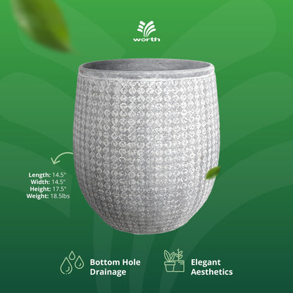 Worth 14.5" Round Planter, Lightweight Magnesium Oxide Cement Plant Pot, Raised Pattern Concrete Look with Drainage Hole for Indoor/Outdoor Use, Grey