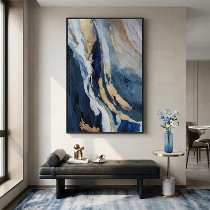 Extra Large Framed Blue Abstract Wall Art for Living Room, 40x60 In Oversized Blue and Gold Modern Canvas Prints Paintings, Big Vertical Navy Blue Pictures for Hallway Dining Bedroom Office Wall Decor