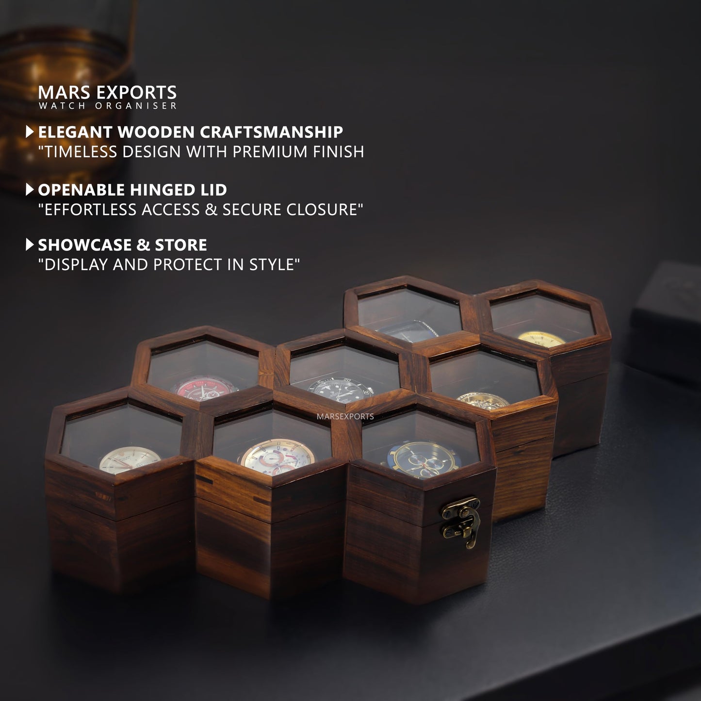 Mars Exports Wooden Watch Organizer Case with Glass Lid | 8 Slot Men’s Watch Storage Box – Dark Rosewood Finish | Elegant Watch Holder for Travel & Gift for Watch Lovers