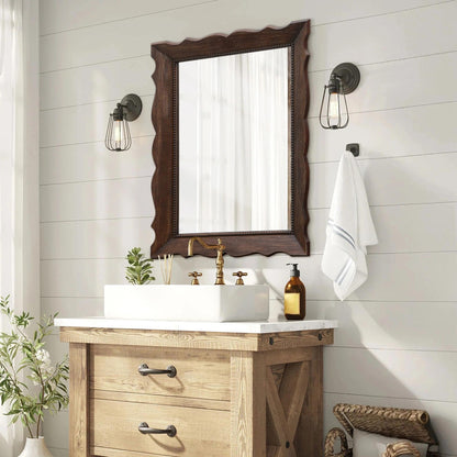Besdomus Rustic Wooden Framed Mirror: 24" x 32" Dark Brown Wood Bathroom Mirror for Wall - Vertical or Horizontal Hanging for Bathroom/Vanity/Entryway - Ideal for Farmhouse Style Lovers