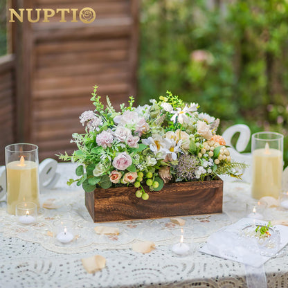NUPTIO Wooden Box Centerpiece for Table: 2 Pcs 11.8" Long Wood Rectangle Planters - Farmhouse Flower Vase for Fall Wedding Dining Living Room Window Mantel Table Decor