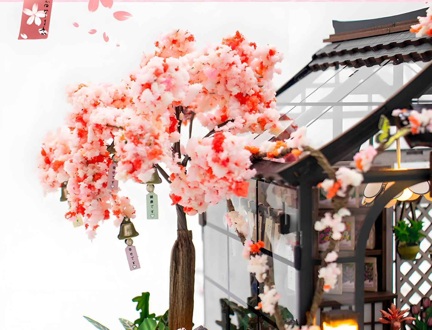 Ahilmrn DIY Miniature Dollhouse Kit Tiny 3D Wooden Puzzle Japanese Sakura Flower House with Furniture LED Light Creative Craft Gift for Adults Home Decor