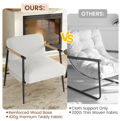 GarveeHome Comfy Chair, Modern Accent Chair with Metal Frame, Cozy Reading Chair with Soft Cushion & Wood Armrest for Bedroom, Living Room, White