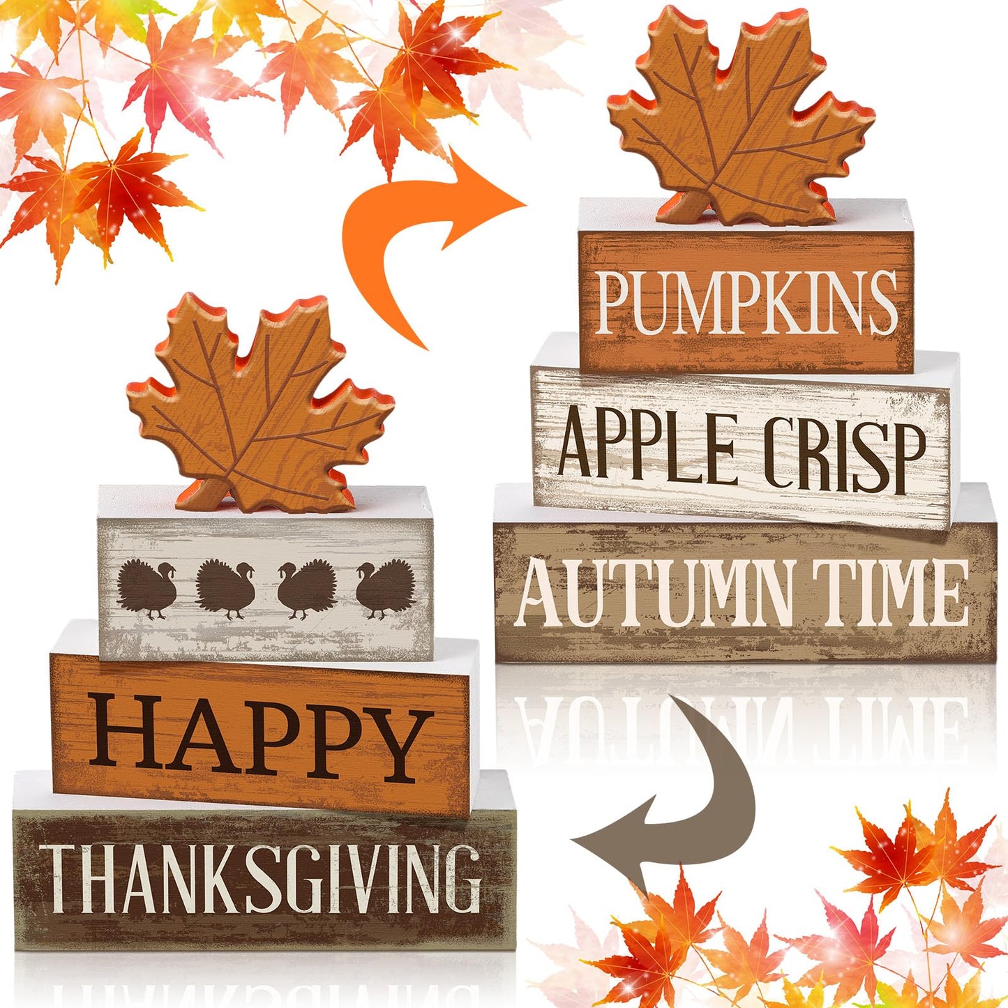 Briwooody 4 Pcs Fall Table Decoration Wooden Reversible Maple Leave Fall Tiered Tray Decor Thanksgiving Centerpiece Rustic Maple Leaves Block Signs Farmhouse Autumn Decoration for Home Kitchen