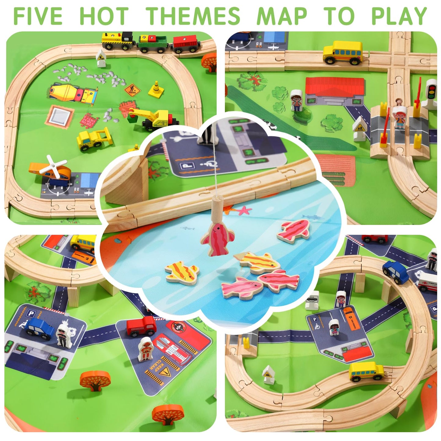 KiToyWod 100 Pcs Wooden Train Track Set, Toy Train with Tracks for Kids Ages 3-10, Compatible with Major Brands, Railway Playset for Boys and Girls Birthday Gift