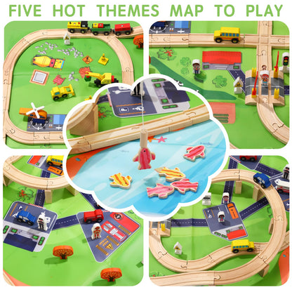 KiToyWod 100 Pcs Wooden Train Track Set, Toy Train with Tracks for Kids Ages 3-10, Compatible with Major Brands, Railway Playset for Boys and Girls Birthday Gift