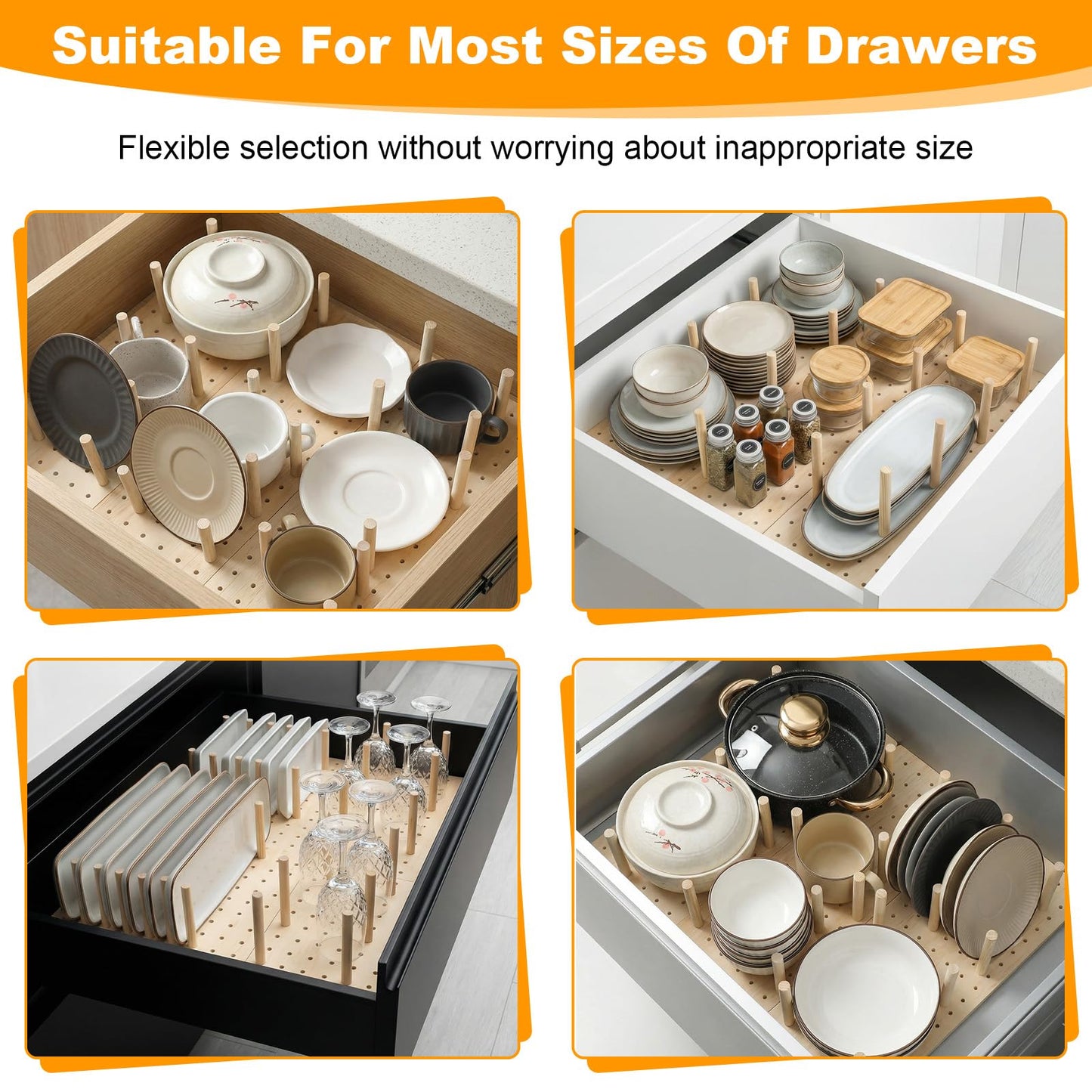 Afcabakila 3Pcs Wood Pegboard Drawer Organizer with 32 Pegs Wooden Peg Board System for Kitchen Dishes Plate 17 x 5.91 in Natural Wood Color