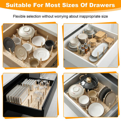 Afcabakila 3Pcs Wood Pegboard Drawer Organizer with 32 Pegs Wooden Peg Board System for Kitchen Dishes Plate 17 x 5.91 in Natural Wood Color