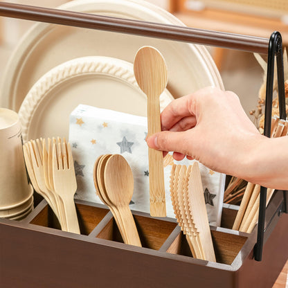 PTSTING Silverware Caddy with Handle Acacia Wood Utensil Holder Paper Plate Dispenser for Countertop Flatware Organizer Box for Spoons Forks Plates Cups Napkins