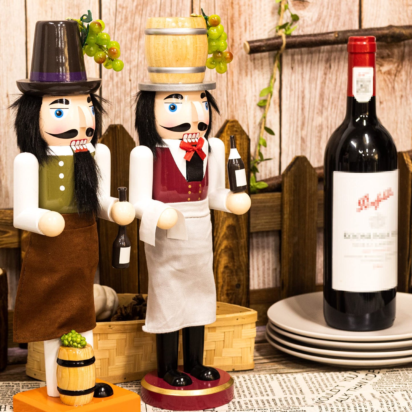 KI Store Wooden Nutcracker Figure Wine Maker Nutcrackers 14-inch Set of 2 Christmas Nutcracker Decorations for Kitchen Dinning Room Bar Table