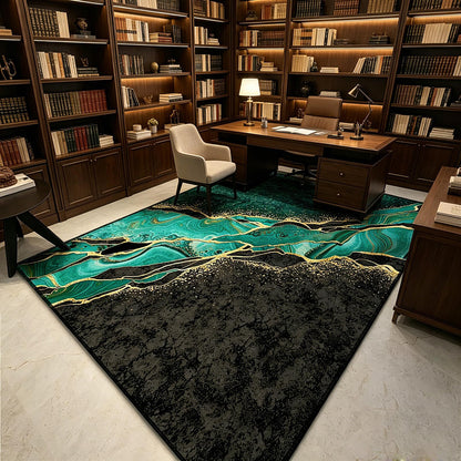 Qkjtyt Emerald Green Black Abstract Marble Area Rugs Modern Glitter Swirl Throw Rugs for Study Room Home Office Low Pile Floor Mat Carpets,4'x6'