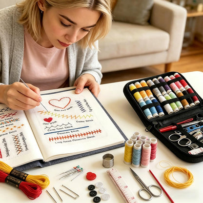 ZFBDMC Embroidery Stitch Book, 2026 Upgraded Portable DIY Embroidery Kit for Beginners with Linen, 99-Piece Complete Needle & Thread Set, Step-by-Step Video Instructions, Craft Gift for Adults