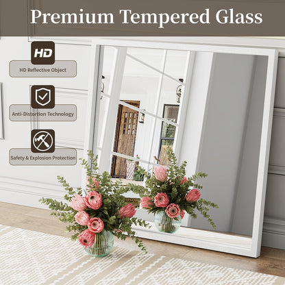 Syndra Square White Wood Frame Bathroom Mirror, 32''x32'' Modern Vanity Mirror for Wall, Waterproof Slim Deep Frame, HD Tempered Glass Mirror for Living Room, Bedroom, Entryway, Rustic, Farmhouse