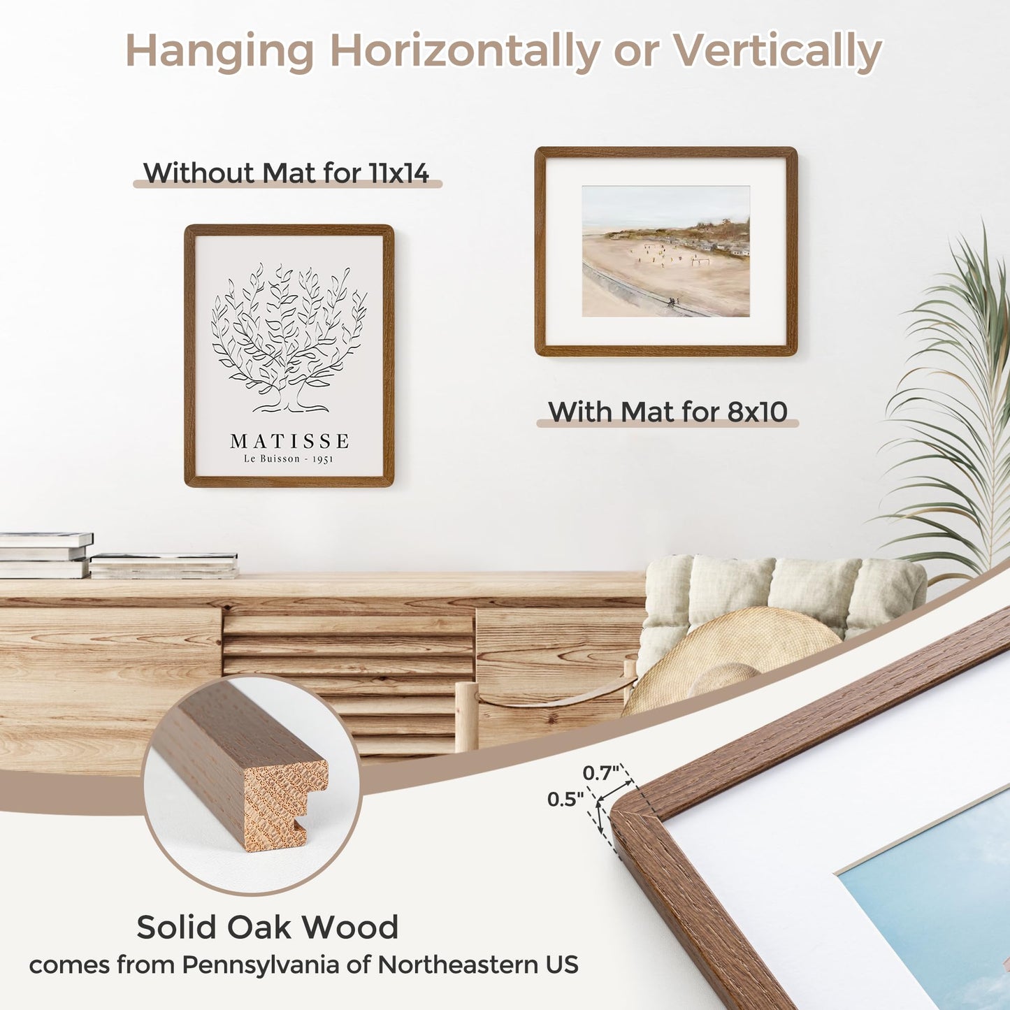 FLYJOE 11X14 Picture Frame | Solid Oak Wood 11 X 14 Picture Frame With Mat For 8X10 | 11X14 Poster Frame | Plexiglas And Hanging Hardware Included | 11 By 14 Photo Frame Wood (Walnut, 3 Packs)
