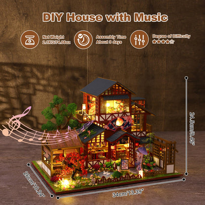 Hallisun DIY Miniature House Building Kits, Japanese Restaurant and Ancient Rhyme Library 3D Wooden Dollhouse Toys, Birthday Christmas Festival Gift for Teens Adults