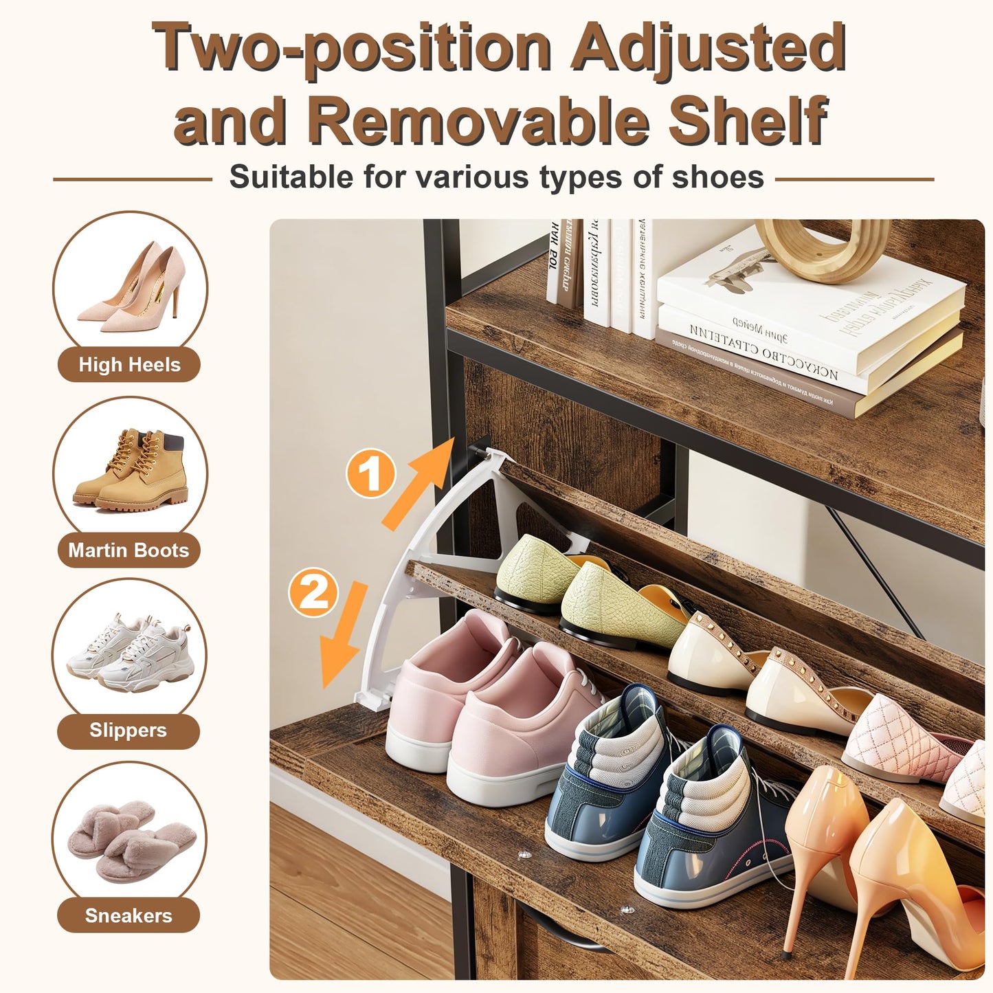 HIGDBFE Shoe Cabinet with 2 Flip Drawers and Hanging Rack, Narrow Entryway Organizer with Charging Station and LED Light, Freestanding Hidden Shoe Storage for Hallway, Rustic Brown, 41.3" W