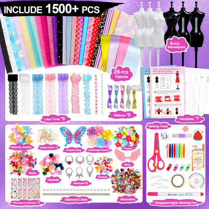 Sunrad 1500+ PCS Fashion Designer Kits for Girls with 6 Mannequins, DIY Arts & Crafts Sewing Kit for Kids Doll Clothes Making Toys, Birthday Gifts for Girls Age 6 7 8 9 10 11 12+