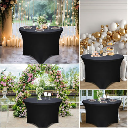 4 Pack Black 72-Inch Diameter x 30-Inch High Round Spandex Tablecloth for 6FT Round Tables|Fitted Stretch Tablecloth with Foot Bag for Party, Wedding, Birthday, Banquet, Vendor Stand