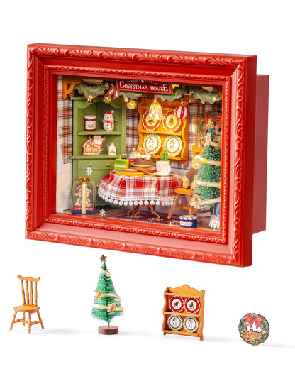 ROBOTIME Christmas Eve Party Photo Frame DIY Miniature House Kit, 3D Wooden Puzzle Building Kit for Adults, Tiny Dollhouse Model, Creative Holiday Decor & Gift for Family and Friends