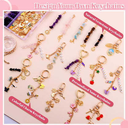 TOHONGADON 907 Pcs Lip Gloss Charms, Keychain Making Kit, Bag Charm Kit with 5 Kinds of Crystal Stones, 343 Charms, 24 Keychain Clips, Key Ring Jewelry Plier, Extender Chain for DIY Crafting