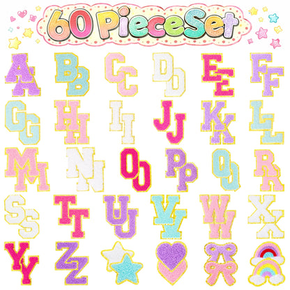 Coynurex 60PCS Chenille Letter Patches Self Adhesive – Preppy Alphabet Iron On Patches with Rainbow Star Bow Heart, Sew On Fabric Patches for Clothing, Backpacks & DIY Crafts