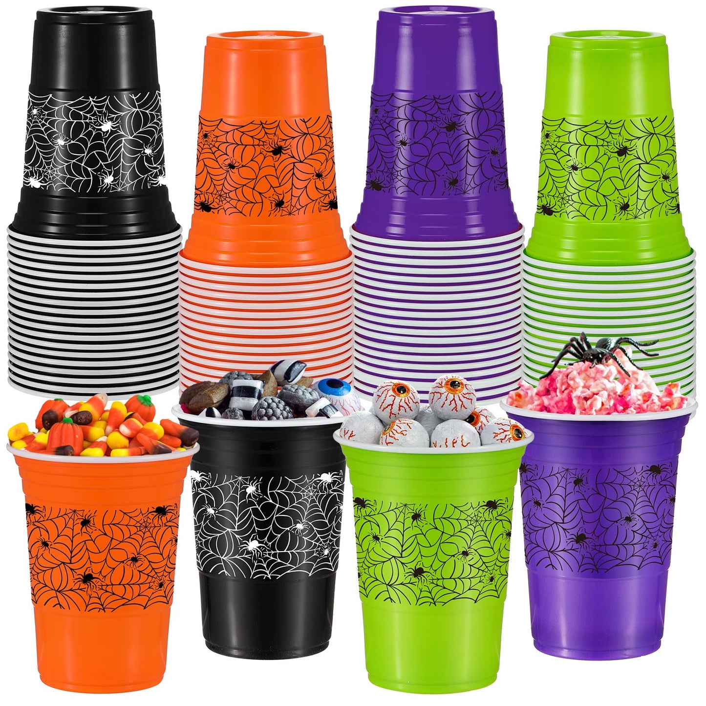 Pickmesh 120 Pcs Halloween Plastic Cups 16 oz Disposable Coffee Cup Spider Web Decoration Hot Cold Drink Wine for Halloween Party Favors Supplies