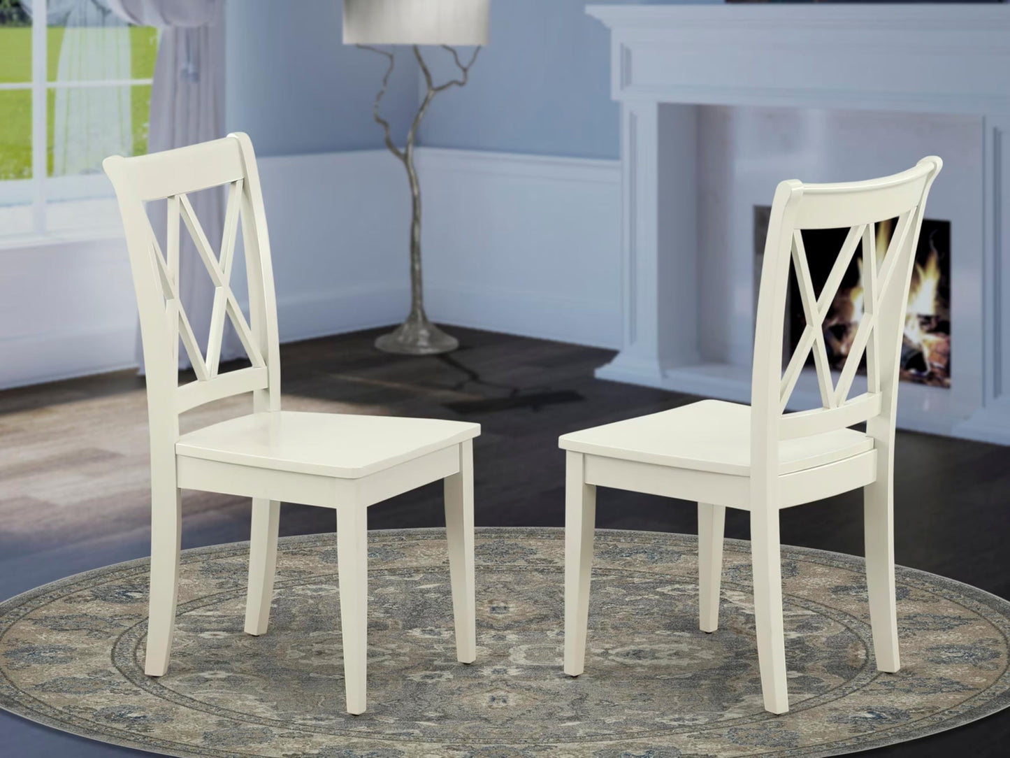 East West Furniture CLC-LWH-W Clarksville Dining Room Chairs - Double Cross Back Wood Seat Chairs, Set of 2, Linen White