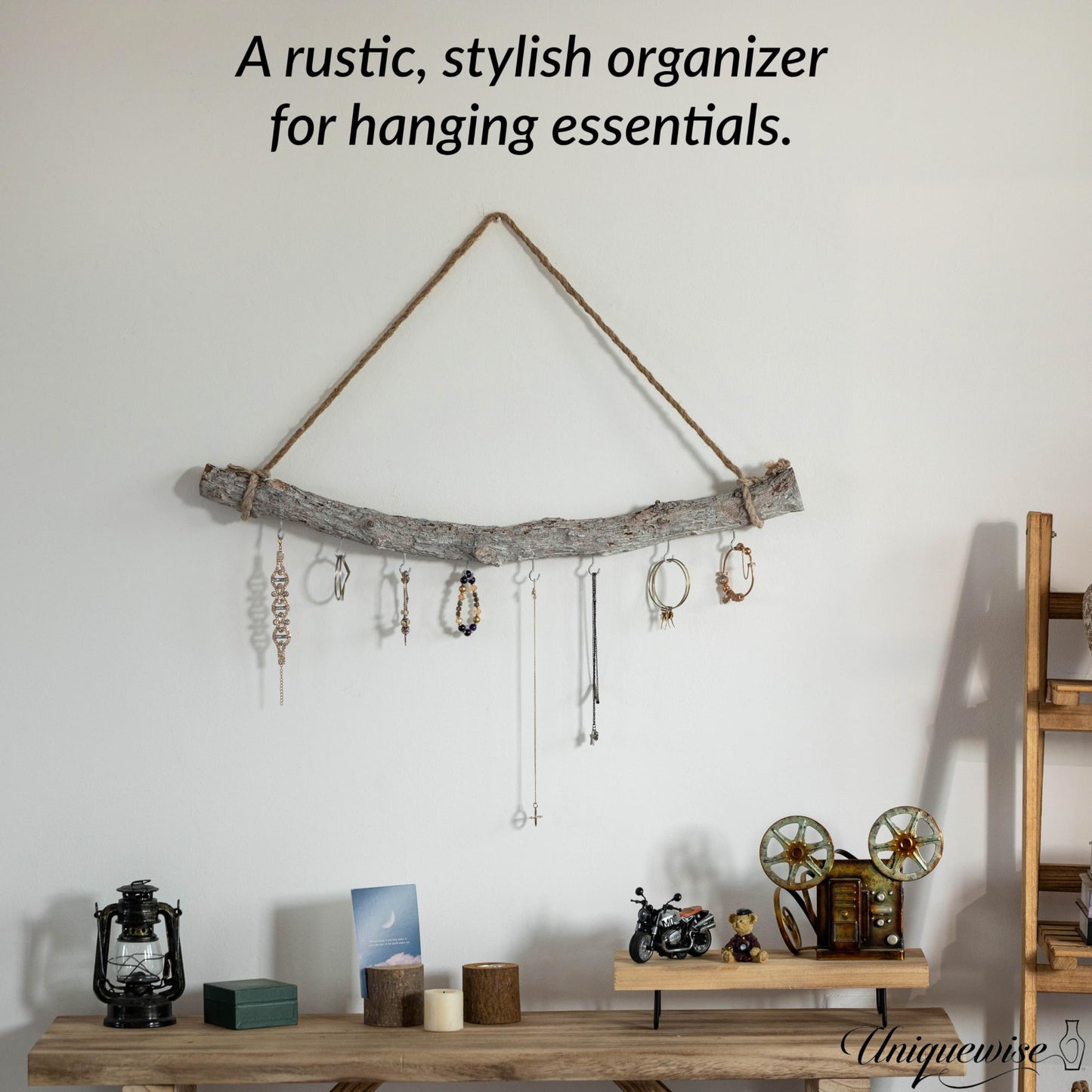 Uniquewise 32-inch Natural Decorative Jujube Wooden Log Hanging Farmhouse Wall Decor with 8 Hooks for Keys Hats and Wall Accessories - Perfect for Entryway Living Room Kitchen Hallways and Dining Area