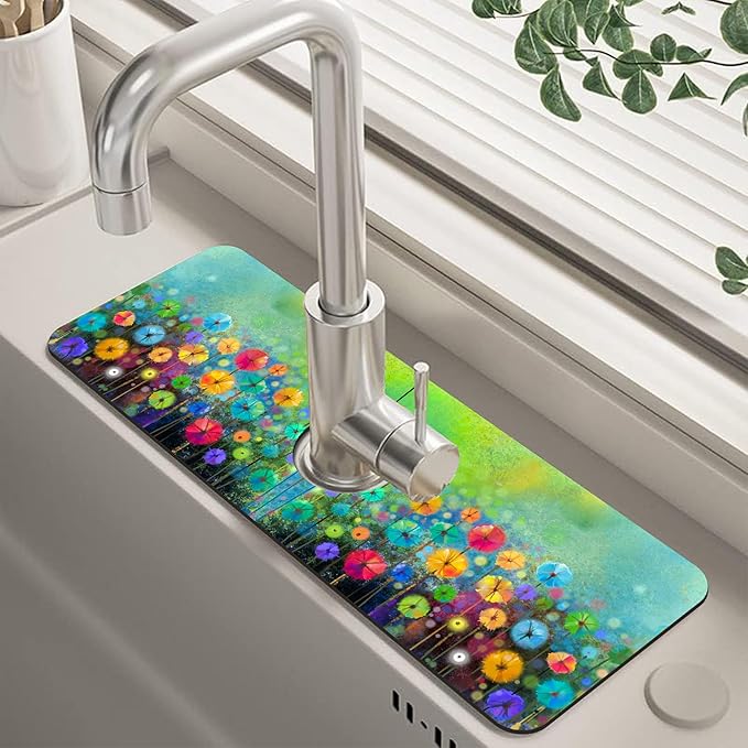Abstract Blue and Red Flowers Dish Drying Mat