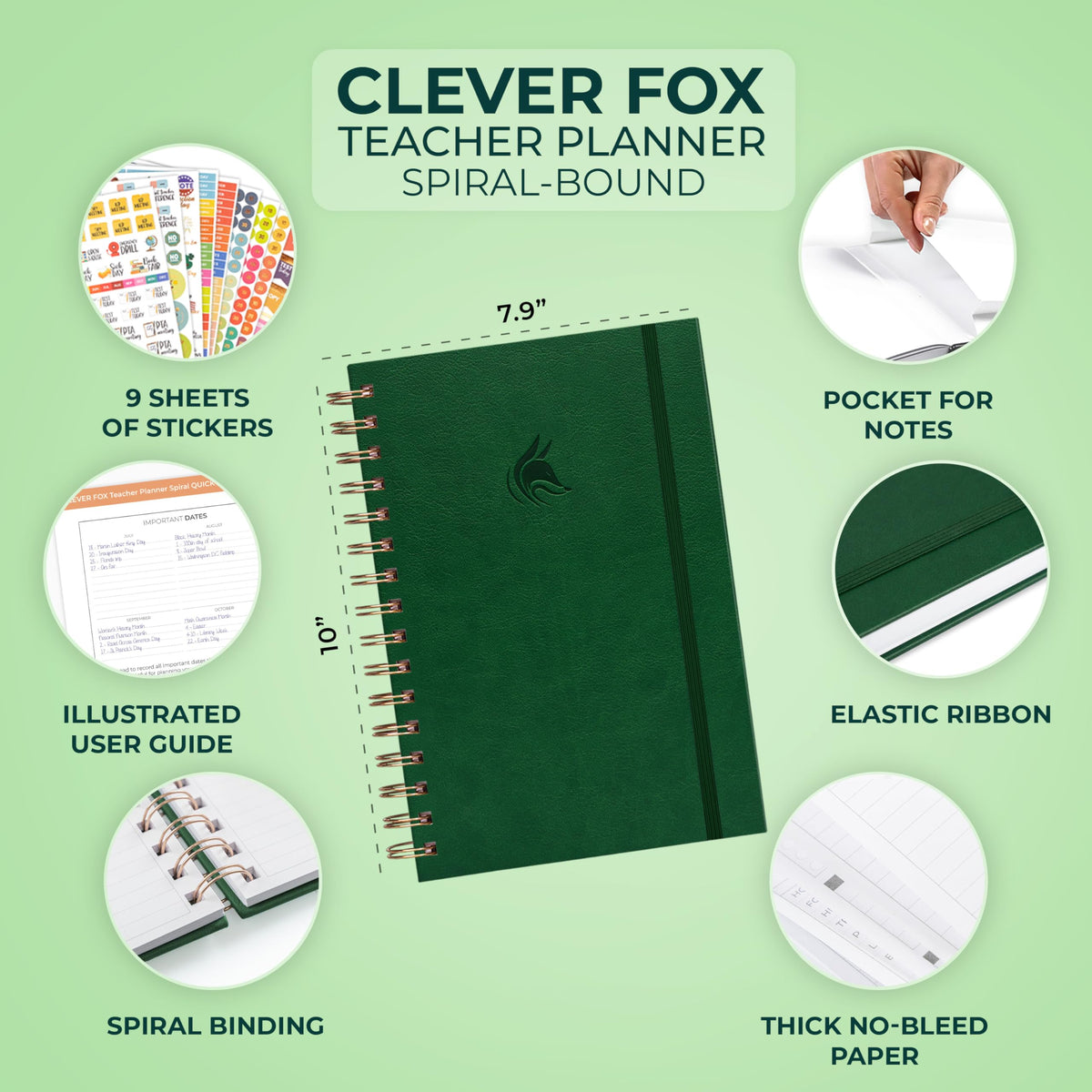 Clever Fox Teacher Planner Spiral – School Year Planner with Calendars & Lesson Plans – Teacher Plan Book for Classroom & Homeschool Organization - Undated, 7.9x10″ (Dark Green)