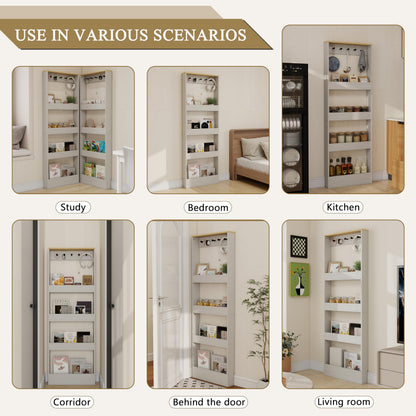 Locsear Behind the Door Bookshelf - Ultra Slim Hidden Storage Cabinet for Kids Room | 4-Tier White Wooden Bookcase with Hooks