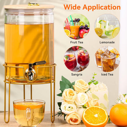1 Gallon Drink Dispenser, Glass Beverage Dispenser With Stand,Juice Containers with Lid for Party,Drink Dispensers for Parties With Spigot for Lemonade/Soda/Tea