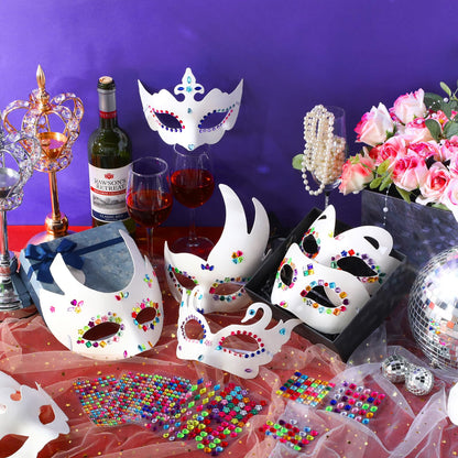 Leyndo 24 Pcs Paper Mache Art Mask White Craft Masquerade Masks and Gem Stickers DIY Blank Mardi Gras Halloween Cosplay Party (Mixed Styles)