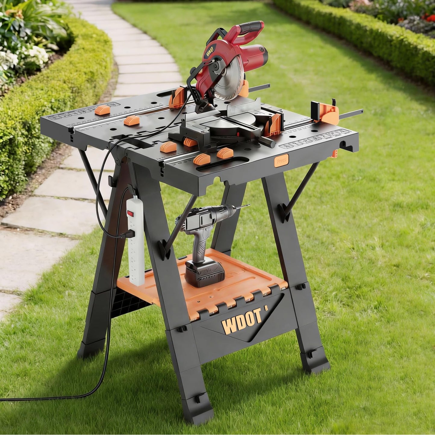 WDOT Work Bench Table 2 in 1 Portable Folding Workbench for Garage Sawhorse 500lbs Mobile Work Table 31" W x 25" D x 32" H with 2 Clamps & 6 Bench Dogs