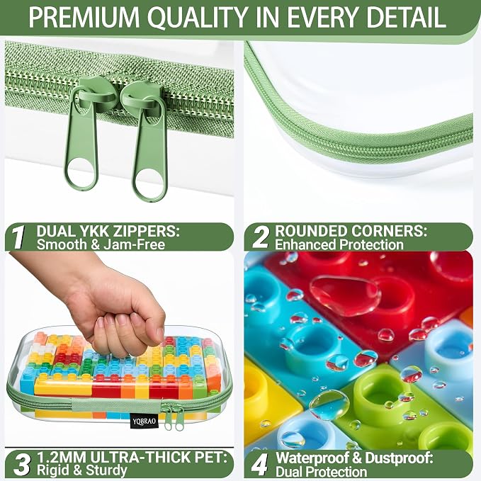 YQBRAO 3-Pack Large Clear Hard Shell Zipper Case, 1.2mm Ultra-Thick Rigid Toy & Closet Organizer, Heavy-Duty Diaper Bag Pouch Set with YKK Zippers, Waterproof Travel Storage (Green)