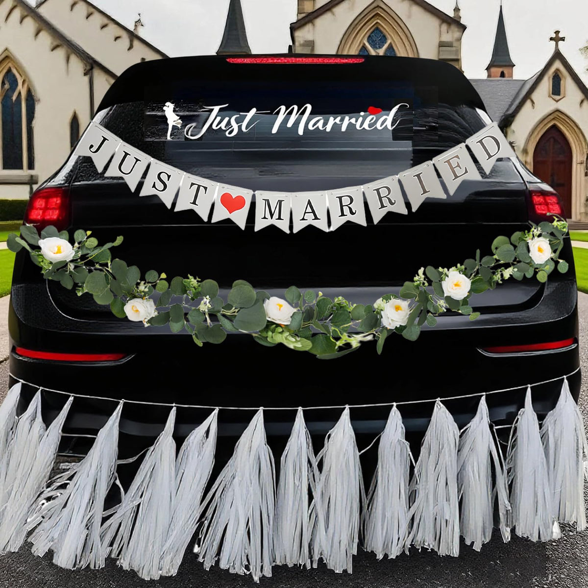 4PCS Just Married Wedding Car Decorations Kit with Greenery Vine Removable Banner Paper Tassel Static Cling Window Sticker for Bride and Groom Honeymoon Getaway Send Off Vehicle Decor