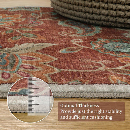 Morebes Floral 2x8 Runner Rug Non Slip,Washable Runner Rugs for Hallway 2x8, Non Skid Bath Mat Distressed Paisley Rug Indoor Floor Carpet Runner for Kitchen Entryway Laundry Foyer, Red