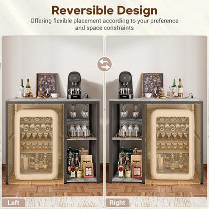 Homieasy Mini Fridge Cabinet with Power Outlet, Coffee Bar Cabinet with Mini Fridge Space, Industrial Liquor Cabinet with Wine Storage & Glass Holder for Dorm, Living Room, Home Kitchen, Light Oak