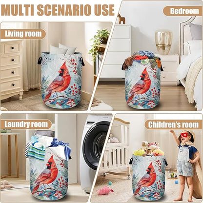 Watercolor Red Bird Laundry Basket, Foldable Winter Cardinal Laundry Hamper