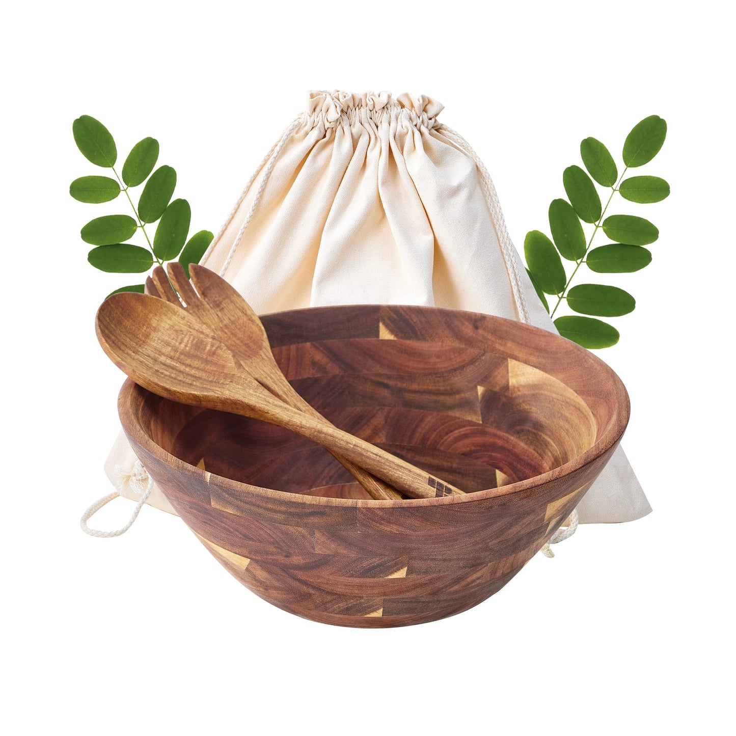 Wooden Salad Bowls with Serving Utensils, Large 12.5" Acacia Wooden Bowls for Food, Perfect as Fruit Bowl, Serving Bowls, Mixing Bowls, Handmade, Durable and Stylish Natural Wood Dinning Accessory
