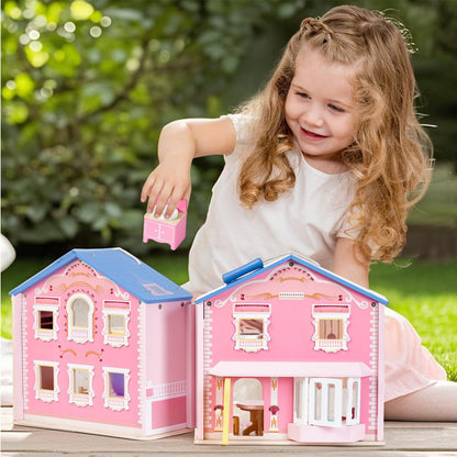 Giant bean Exquisite Pink Wooden Dollhouse for Girls with 2 Dolls and 12pcs Wooden Furniture,Foldable and Portable Pretend Play House Set with Handle, Christmas Birthday Gift for Girls Kids Age 3+