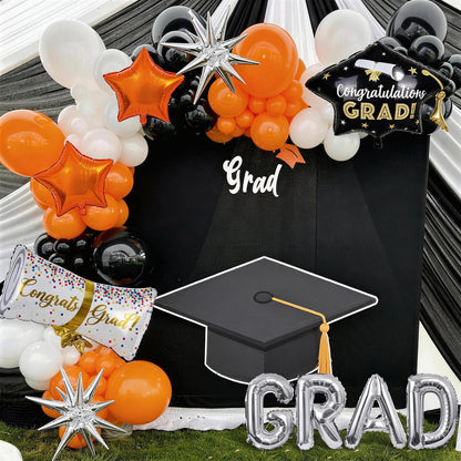 Orange Graduation Balloons Garland Arch Kit, 117PC Orange Black White Graduation Star Print Certificate Grad Foil Balloon with Silver Explosion Star Balloon for Graduate Class of 2026 Prom Party Decor