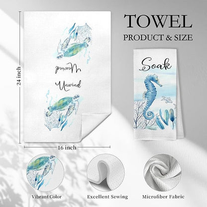Watercolor Coastal Beach Hand Towels, Sea Horse Turtle Fish Crab Unwind Breathe